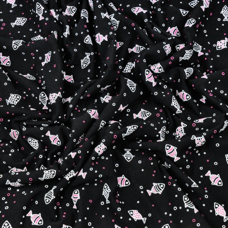 Reststück French Terry Sommersweat Fische Weiß-Pink / Schwarz